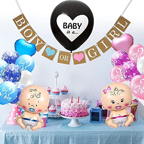 Juego de decoración fiesta revelación género bebé, globo de revelación de género de niña o niño con confeti, globo de lámina de bebé, pancarta de niño o niña, decoración para baby shower