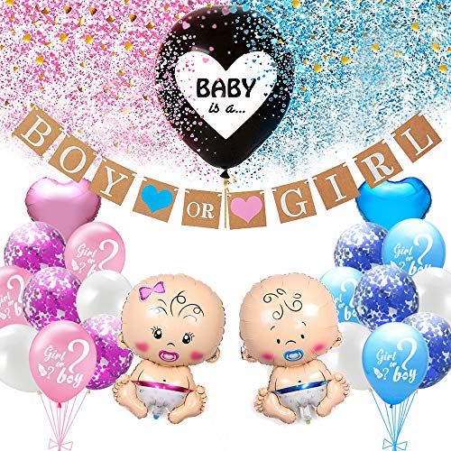 Juego de decoración fiesta revelación género bebé, globo de revelación de género de niña o niño con confeti, globo de lámina de bebé, pancarta de niño o niña, decoración para baby shower