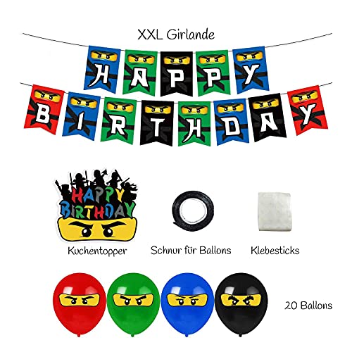 Juego de decoración XXL para cumpleaños infantiles con aspecto ninja, 1 guirnalda, 20 globos y 1 decoración de tarta, para entusiastas ninjas