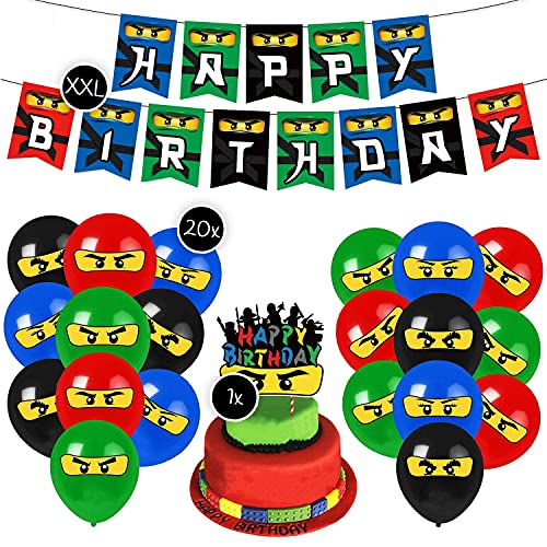 Juego de decoración XXL para cumpleaños infantiles con aspecto ninja, 1 guirnalda, 20 globos y 1 decoración de tarta, para entusiastas ninjas