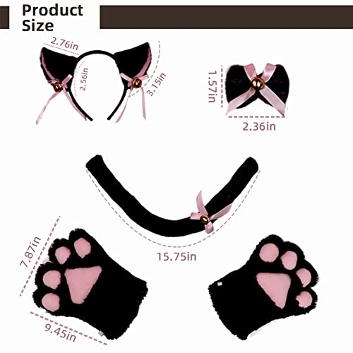 Juego de disfraz de gato para cosplay y gato, juego de guantes de pata de gato, con campanas, collar y cola para mujeres y niñas, Halloween, Navidad, disfraz (negro)