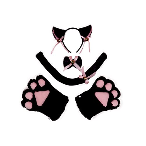 Juego de disfraz de gato para cosplay y gato, juego de guantes de pata de gato, con campanas, collar y cola para mujeres y niñas, Halloween, Navidad, disfraz (negro)