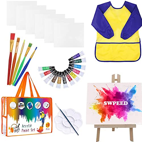 Juego de Pinturas para Niños Manualidades para Niños 27 Piezas Kit de Pinceles con Pintar para Niños Paleta de Caballete de Lona Delantales Impermeables Pintar y Bolsa Manualidades para Niños Pequeños