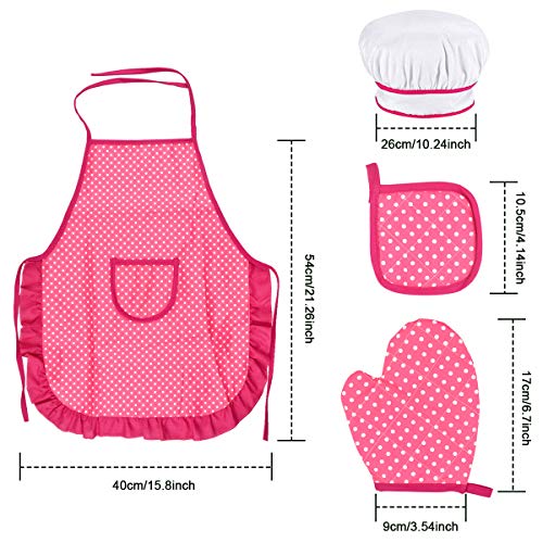 Juego Delantal y Gorro Chef para Niños, Delantal de Cocina Niños con Gorro Cocinero Blanco, Niños Delantal de Chef Guantes de Horno, Almohadilla Resistente al Calor para 3 a 12 Años (Rosa Roja)