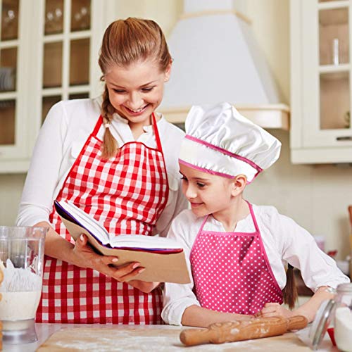 Juego Delantal y Gorro Chef para Niños, Delantal de Cocina Niños con Gorro Cocinero Blanco, Niños Delantal de Chef Guantes de Horno, Almohadilla Resistente al Calor para 3 a 12 Años (Rosa Roja)