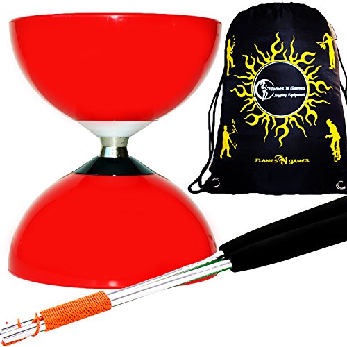 Juggle Dream Carousel Rodamiento de Bolas Diabolo, Palos de Aluminio de Metal Diabolo, Cuerda y Bolsa de Viaje Diabolos. (Rojo Diabolo + Plata Palo de Mano)