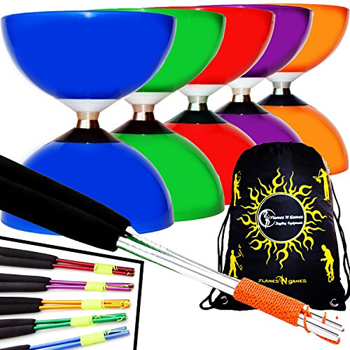 Juggle Dream Carousel Rodamiento de Bolas Diabolo, Palos de Aluminio de Metal Diabolo, Cuerda y Bolsa de Viaje Diabolos. (Rojo Diabolo + Plata Palo de Mano)