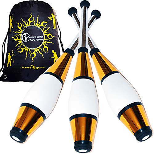 Juggle Dream Euro Pro Malabares Clubs Juego de 3 (¡12 Combinaciones de Colores!) ¡Clubes de Entrenamiento Decorativos metálicos + Bolsa de Viaje Flames N Games! (Oro)