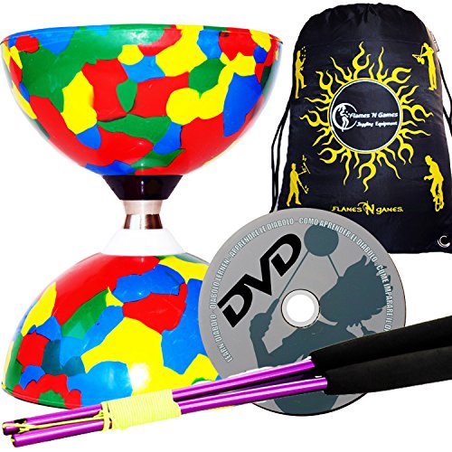 Juggle Dream Jester Diabolo con Rodamiente de Bolas Pro Conjunto + Palos de Aluminio, Cuerda, Trucos de Diabolo DVD + Diabolos Bolsa de Viajo (Multicolore + Palos Morados)