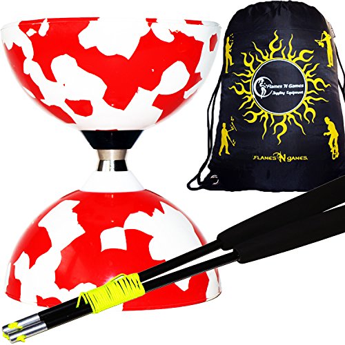 Juggle Dream Jester Diabolo con Rodamiente de Bolas Pro Conjunto + Palos de Fibra, Cuerda & Diabolos Bolsa de Viajo (Rojo/Blanco + Palos Negros)