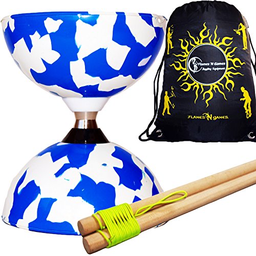 Juggle Dream Jester Pro Diabolo Conjunto (5 Colores) Triple Pelota cojinete Embrague Diabolos + Palos de Madera, Diabolo Cuerda & Bolso de Viaje! (Azul/Bianco)