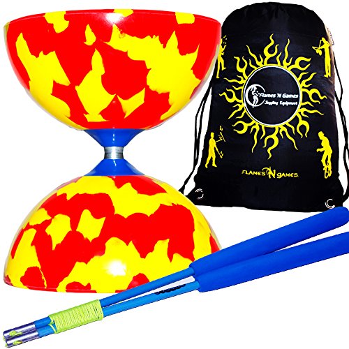 Juggle Dream JESTER Pro Diabolo Set + Fibra de color a juego Diabolo Sticks & String + Diabolos bolsa de viaje (rojo/amarillo+palos)