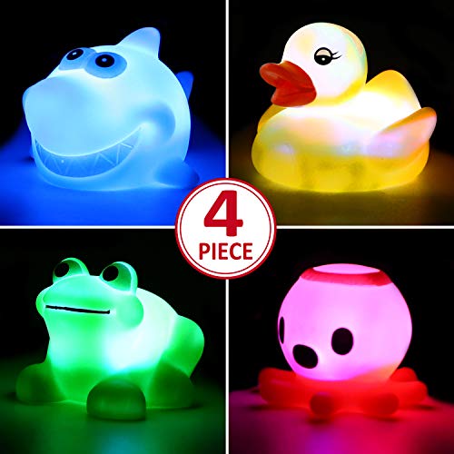 Juguete de Ducha, que Ppuede Parpadear Luces Coloridas(4 paquetes),Ilumina las Duchas de Bebé Juguete de Baño para el Cuarto de Baño para Niños,Chicos,Chicas, Bebés, Patos Pulpo Rana Tiburón de Goma