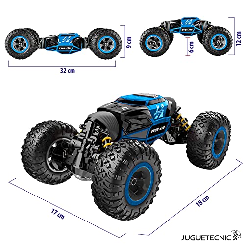 JUGUETECNIC │ Coche Teledirigido RC 4x4 Transformer Rock Climber 1/16 2.4Ghz | Coche Radiocontrol Todoterreno a Bateria con Mando Control Remoto (Azul)