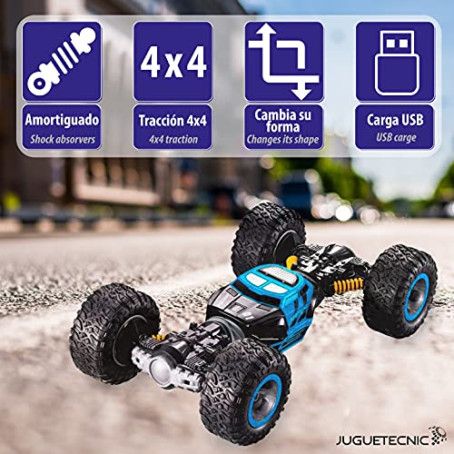 JUGUETECNIC │ Coche Teledirigido RC 4x4 Transformer Rock Climber 1/16 2.4Ghz | Coche Radiocontrol Todoterreno a Bateria con Mando Control Remoto (Azul)