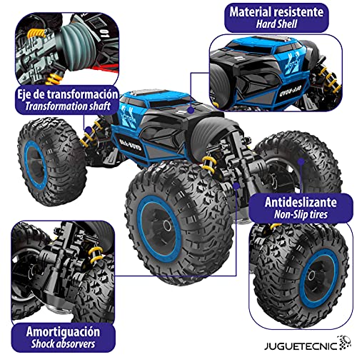 JUGUETECNIC │ Coche Teledirigido RC 4x4 Transformer Rock Climber 1/16 2.4Ghz | Coche Radiocontrol Todoterreno a Bateria con Mando Control Remoto (Azul)