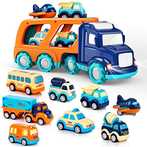 Juguetes de Coches Set para Niños y Niñas de 2 3 4 5 Años, Camiones de Transporte Grandes con 8 Autos Pequeños de Dibujos Animados, Vehículos de Transporte con Sonido y Luz