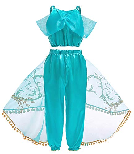 Jurebecia Disfraz de Princesa para Niña Jasmine Vestidos de Fiesta Top con Lentejuelas Conjunto de Pantalones Niña Sling Tops Pantalones Largos Trajes de Borla de Tul Cosplay Verde