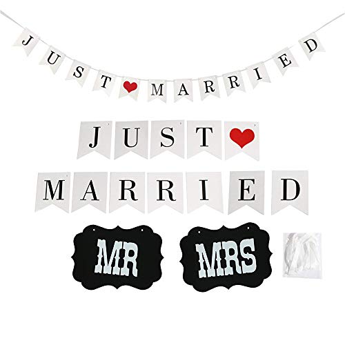 Just Married Wedding Banner Bunting Photo Booth Props Garland Decoración de la Ducha Nupcial con Mr and Mrs Chair Signs