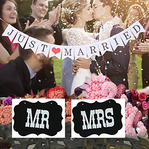 Just Married Wedding Banner Bunting Photo Booth Props Garland Decoración de la Ducha Nupcial con Mr and Mrs Chair Signs