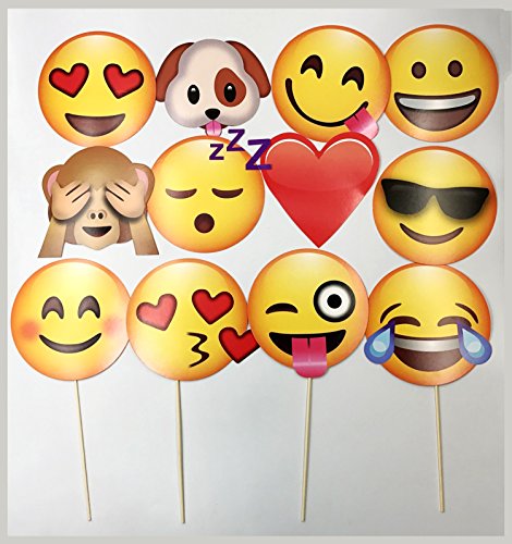 JZK 12 x Emoji Photo Booth Papel de Accesorios Fiesta apoyos Selfie en Palo para los niños y Adultos Fiesta Accesorio de Suministro para Boda Fiesta gallina cumpleaños Fiesta Navidad graduación