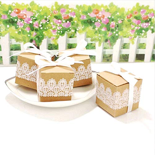 JZK 50 x cordón papel kraft fiesta cajas favor caja de regalo para los favores, dulces papel picado, pequeños regalos y joyas para la boda cumpleaños fiesta de bienvenida bebé sagrada comunión nav