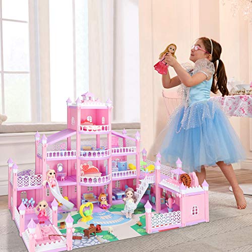 KAINSY Casa de Muñecas,344PCS Casa de Muñecas para Niñas con Accesorios y mobiliario Muñecas, 4 Pisos