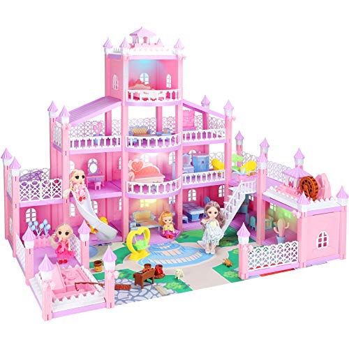 KAINSY Casa de Muñecas,344PCS Casa de Muñecas para Niñas con Accesorios y mobiliario Muñecas, 4 Pisos