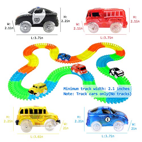 KaliningEU Magic Car (4 Pack) Light Up Track Race Car Toy, 5 Led Lights Coche de Carreras y School Bus y Police Cars y Coche de Bomberos Compatible con Pistas Magic Tracks