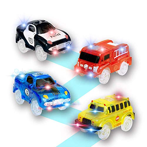 KaliningEU Magic Car (4 Pack) Light Up Track Race Car Toy, 5 Led Lights Coche de Carreras y School Bus y Police Cars y Coche de Bomberos Compatible con Pistas Magic Tracks