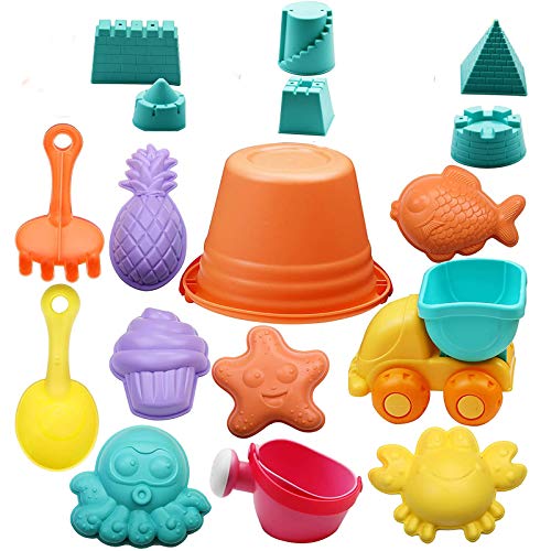 KATELUO Juguete de Playa Niños, 17 Piezas Bucket Castle etc Moldes Conjunto de Juguetes para la Playa, Juguetes de Nieve, Piscina Juguete de Playa, Niños Material plastico Blando Juguete