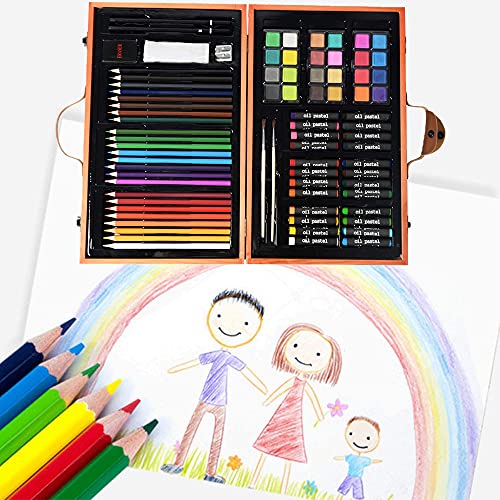 KIDDYCOLOR 85 piezas de cuadro de arte de pintura en caja de madera, kit de pintura y dibujo para niños con pasteles