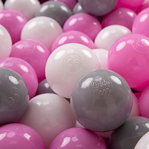 KiddyMoon 100 ∅ 7Cm Bolas Colores De Plástico para Piscina Certificadas para Niños, Gris/Blanco/Rosa