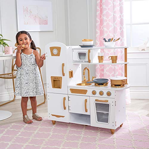 KidKraft- Cocina de juguete en color blanco (Modern White) con detalles en dorado y kit de accesorios con 27 utensilios de cocina , Color Blanca (53445)