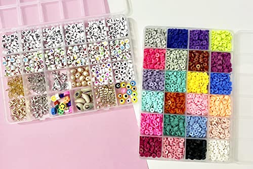 Kit de 2 cajas de cuentas para hacer pulseras y collares; Joyas DIY, bricolaje, manualidades niños, juguete desde 4 años; Abalorios, letras y cuentas de arcilla polimérica 6 mm; Regalo para niñas