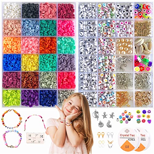 Kit de 2 cajas de cuentas para hacer pulseras y collares; Joyas DIY, bricolaje, manualidades niños, juguete desde 4 años; Abalorios, letras y cuentas de arcilla polimérica 6 mm; Regalo para niñas