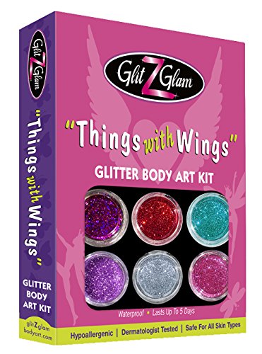 Kit de Tatuajes de Brillantina - Things with Wings (Cosas con alas) con 6 brillantinas Grandes y 12 Plantillas Reutilizables para Tatuajes temporales.