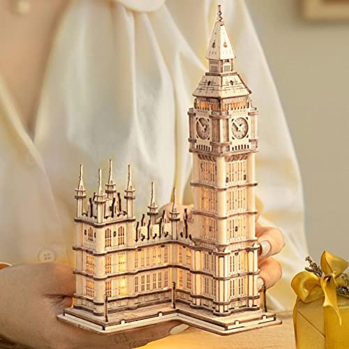 Kit mecánico de madera con luces LED Hahepo 3D puzzles de madera y reloj Tower Craft modelo de construcción de madera ecológica