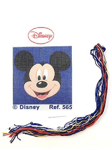 Kit medio punto con dibujos de Disney - Mickey Mouse. Punto de cruz manualidad DIY para niños, incluye cañamazo e hilos de colores según estampado. Lienzo de 18 x 15 cm.