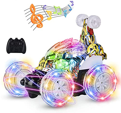 Kiztoys Coche teledirigido, modo dual giratorio 360°, luces LED de carreras, cable USB, música controlada, coche de conducción, juguete para niños pequeños