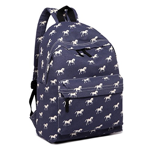 Kono Mochila escolar para niños y niñas diseño de caballo de lona para estudiantes y adolescentes Mochilas infantiles (Azul Marino)