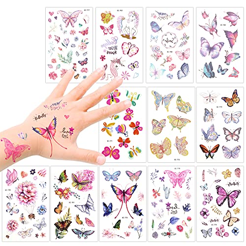 Konsait 100+ Mariposas Tatuajes temporales Falso Tatuajes Pegatinas para niñas niños Fiestas Infantiles cumpleaños de niños Regalo piñata, Unicornio Mariposa Flor