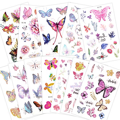 Konsait 100+ Mariposas Tatuajes temporales Falso Tatuajes Pegatinas para niñas niños Fiestas Infantiles cumpleaños de niños Regalo piñata, Unicornio Mariposa Flor