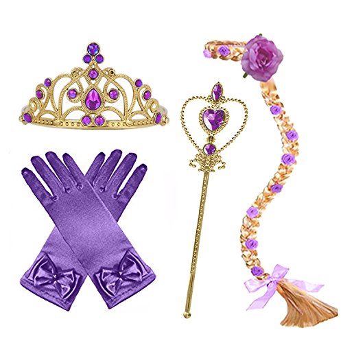 L-Peach 4pcs Accesorios de Princesa Dress Up para Niñas Diadema Guantes Varita Mágica Trenza Lila para Cumpleaños Party Carnaval Fiesta Cosplay Halloween