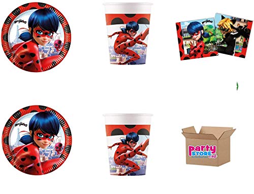 Ladybug Mariquita y chat noir coordinato Niños Cumpleaños adornos fiestas – Kit N ° 1 cdc- (8 platos, 8 vasos, 20 servilletas)