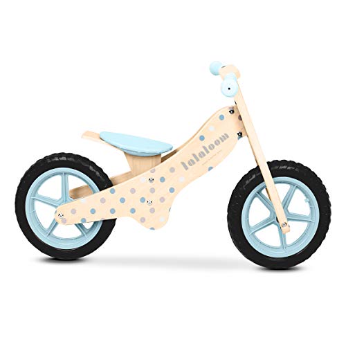 Lalaloom BUBBLE BIKE - Bicicleta sin pedales de madera para niños de 2 años (diseño topos, andador para bebe, correpasillos para equilibrio, sillín regulable con ruedas de goma EVA), color Azul