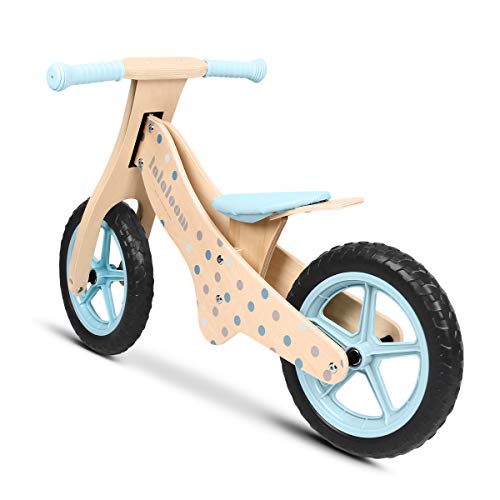 Lalaloom BUBBLE BIKE - Bicicleta sin pedales de madera para niños de 2 años (diseño topos, andador para bebe, correpasillos para equilibrio, sillín regulable con ruedas de goma EVA), color Azul