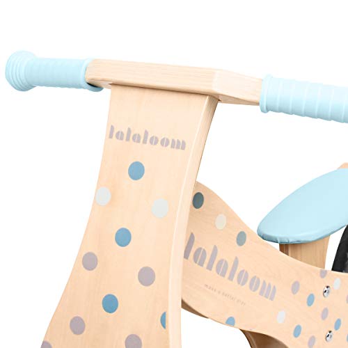 Lalaloom BUBBLE BIKE - Bicicleta sin pedales de madera para niños de 2 años (diseño topos, andador para bebe, correpasillos para equilibrio, sillín regulable con ruedas de goma EVA), color Azul