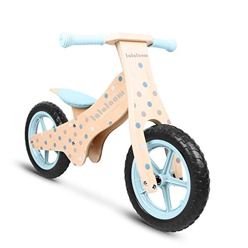 Lalaloom BUBBLE BIKE - Bicicleta sin pedales de madera para niños de 2 años (diseño topos, andador para bebe, correpasillos para equilibrio, sillín regulable con ruedas de goma EVA), color Azul