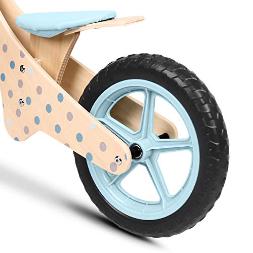 Lalaloom BUBBLE BIKE - Bicicleta sin pedales de madera para niños de 2 años (diseño topos, andador para bebe, correpasillos para equilibrio, sillín regulable con ruedas de goma EVA), color Azul